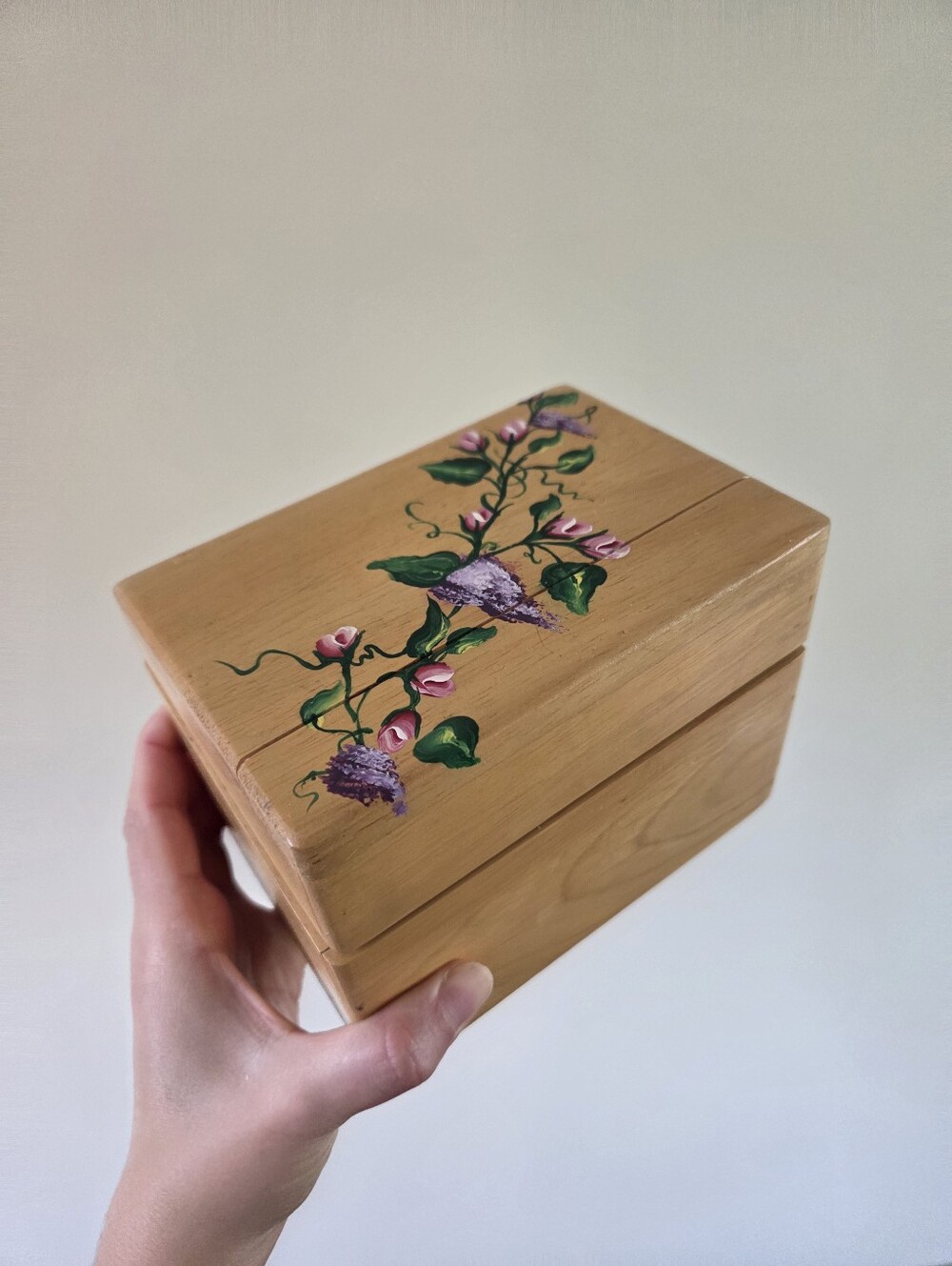 Hand-Painted Cottagecore Wooden Recipe Box, Floral Vine Recipe Holder with Card